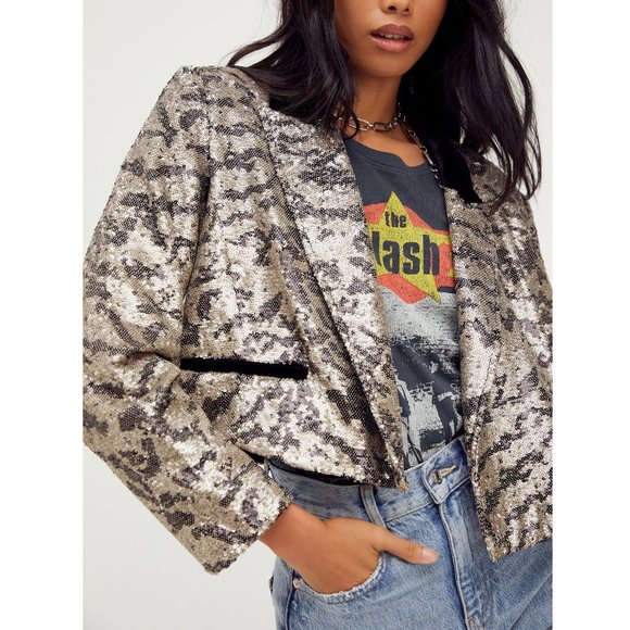 NWT Free People Ari Sequin Cropped Blazer / Tiger - Picture 2 of 8
